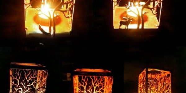 برش ظریف چوب با دسنگاه لیزر دیودی به همراه شمع دکوری داخل